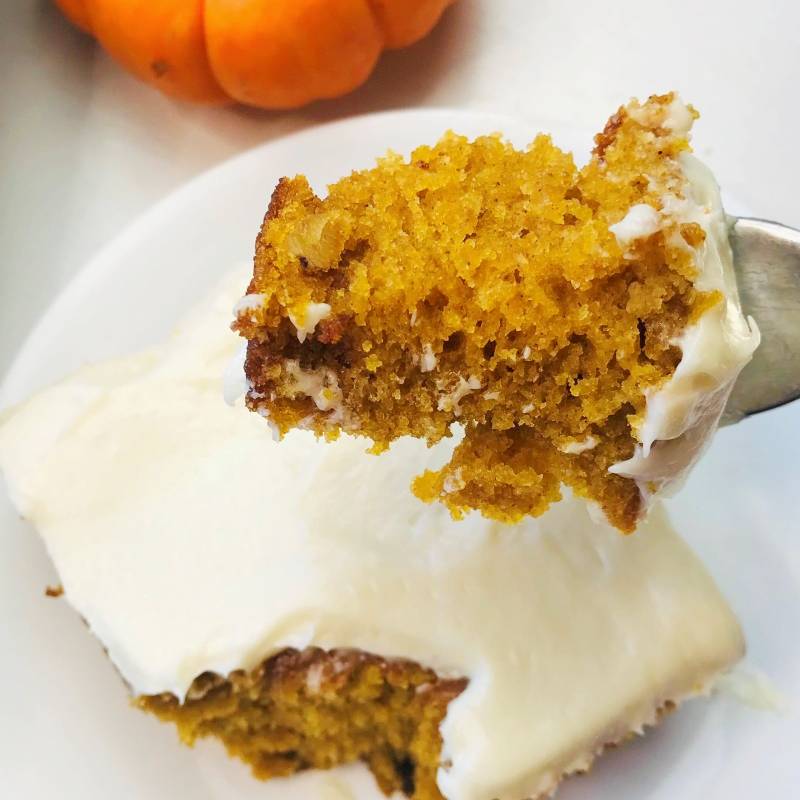 homemade pumpkin cake with cream cheese frosting